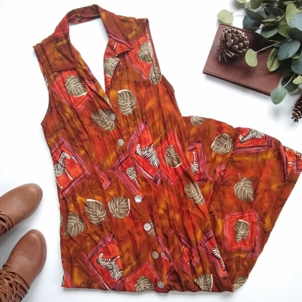 Vintage Zebra Leaf Print Button Front Maxi Skirt - image 1